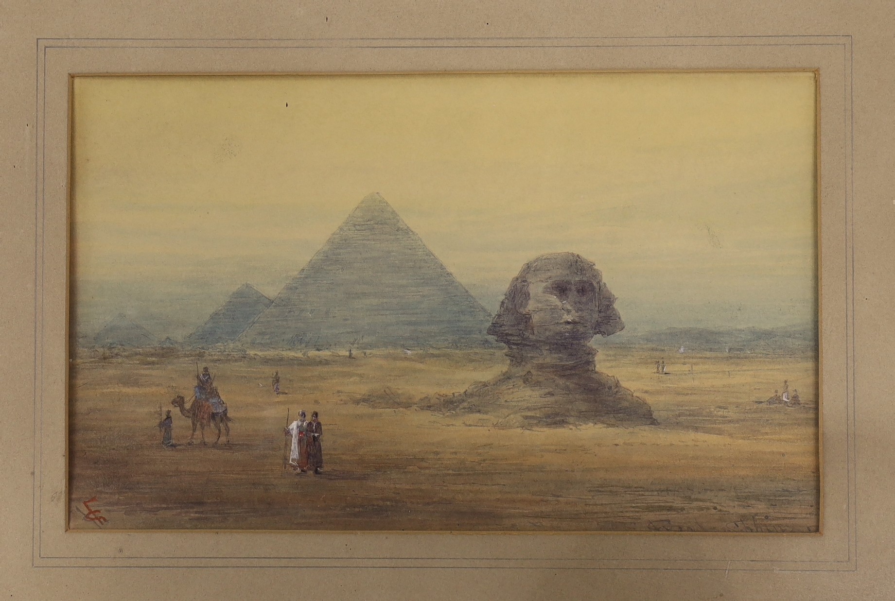 Manner of Frederick Goodall (1822-1904), two watercolours, Views of The Pyramids and The Sphinx, monogrammed, 18 x 29cm